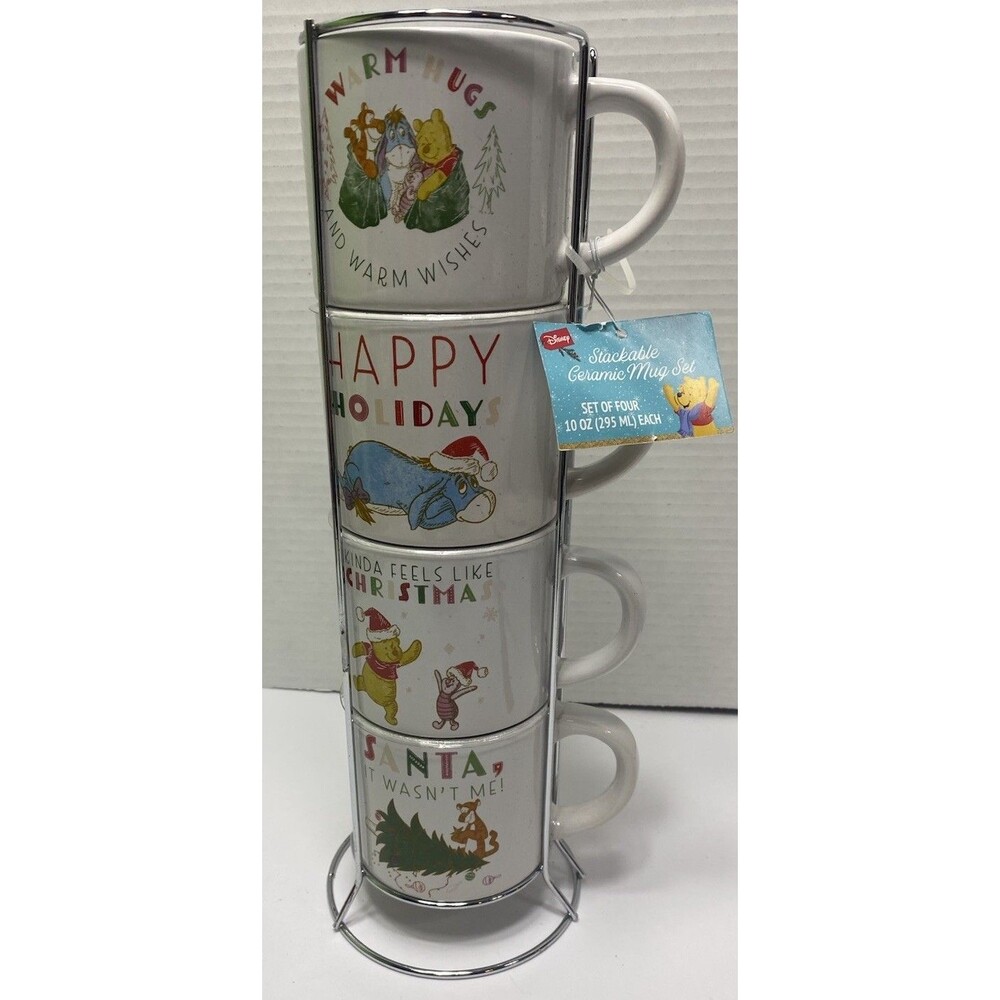 4 Disney Christmas Winnie Pooh  Stackable Coffee Mugs Ceramic 10 0z W Tags